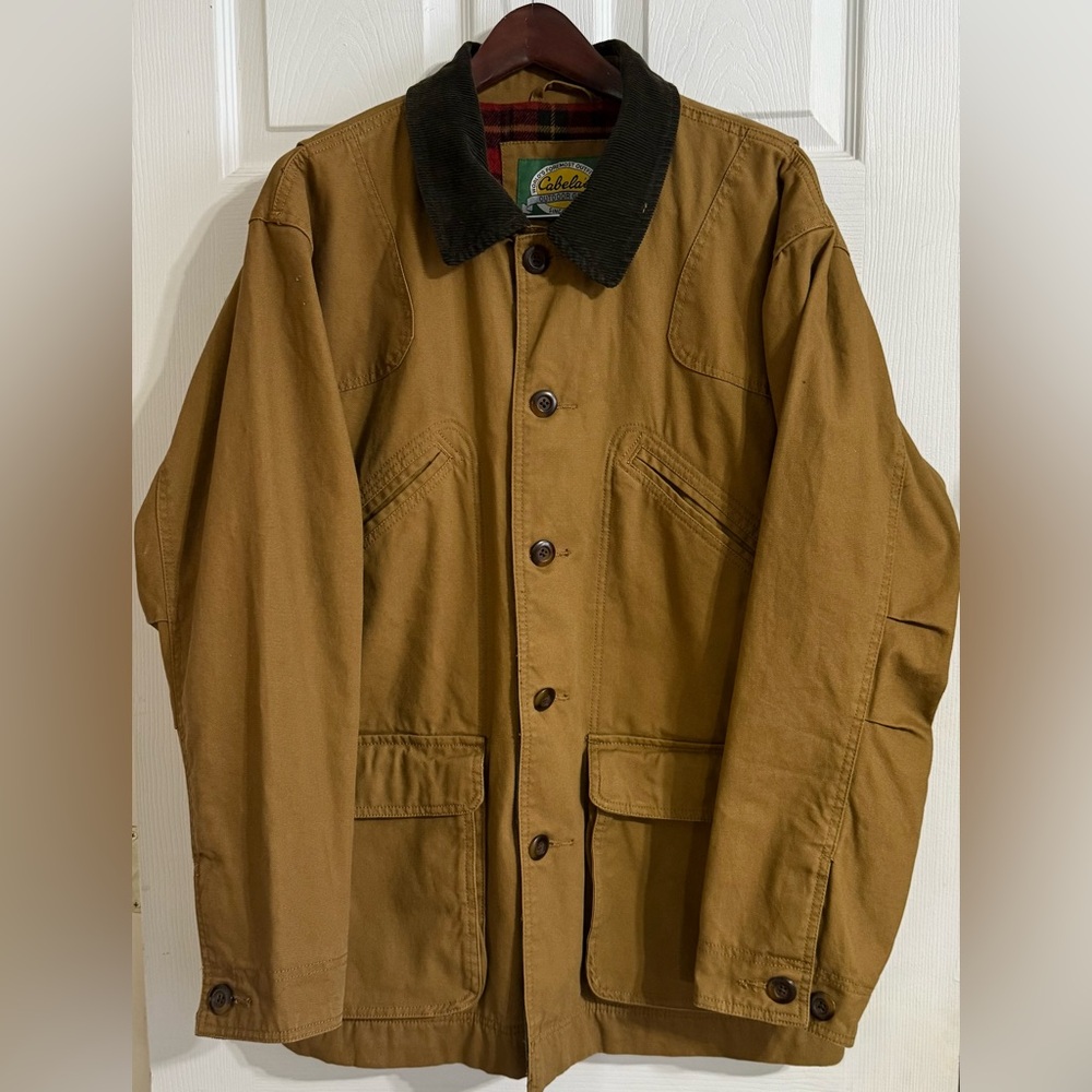 Vintage Cabela's Duck Canvas Field Hunting Jacket Flannel Lined Tan Brown L